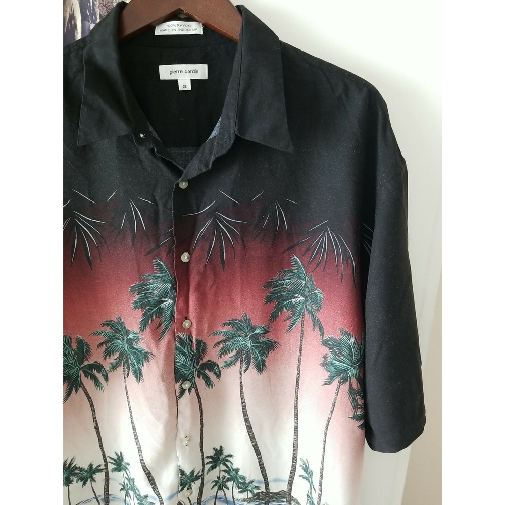 Pierre Cardin Men's Short‎ Sleeve Button Graphic Ocean Beach Shirt Size XL Black